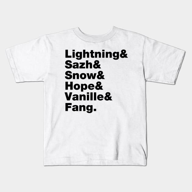 Final Fantasy 13 Characters (Black Text) Kids T-Shirt by inotyler